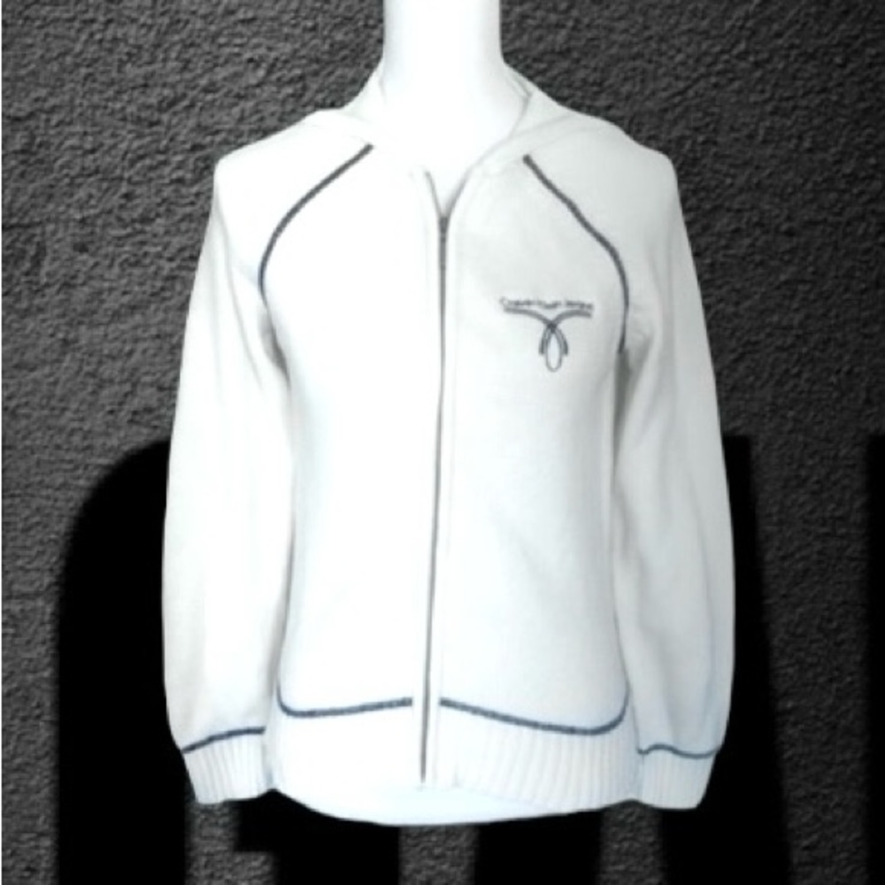 Calvin Klein Sweater Size M Hooded Knit Full Zip Off White Cotton Vintage EUC